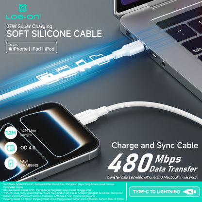 Kabel Log-On 27W USB-C to Lightning MFI LGO-10 Silikon Fast Charging 27W Apple MFi Certified 1.2M untuk iPhone iPad iPod