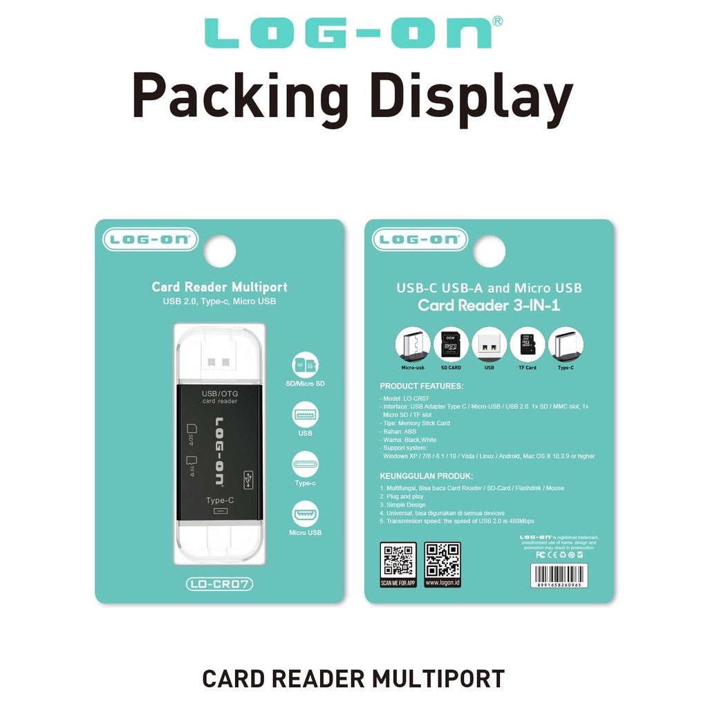 LOG ON CARD READER LO-CR07 3IN1 USB ADAPTER TYPE C/MICRO-USB/USB 2.0,SD/MMC SLOT,MICRO SD