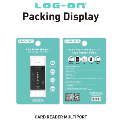 LOG ON CARD READER LO-CR07 3IN1 USB ADAPTER TYPE C/MICRO-USB/USB 2.0,SD/MMC SLOT,MICRO SD