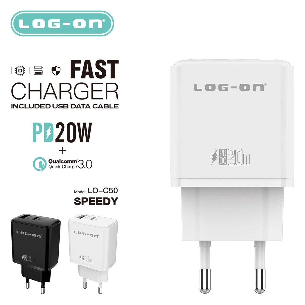 LOG ON PD 3.0 QC 20W C50 Kepala Charger USB Type C Fast Charging Adapter Fullset 2 Port USB + kabel