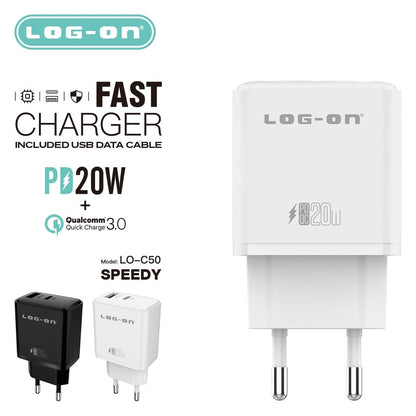 LOG ON PD 3.0 QC 20W C50 Kepala Charger USB Type C Fast Charging Adapter Fullset 2 Port USB + kabel