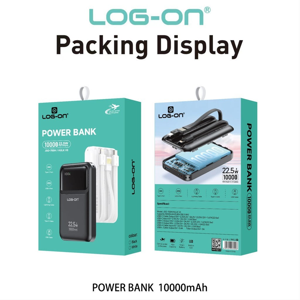LOG ON POWERBANK 22.5W 10.000mAh HULK VII JGO-700H BUILT IN CABLE USB, IPHONE, TYPE C FAST CHARGING-GARANSI RESMI