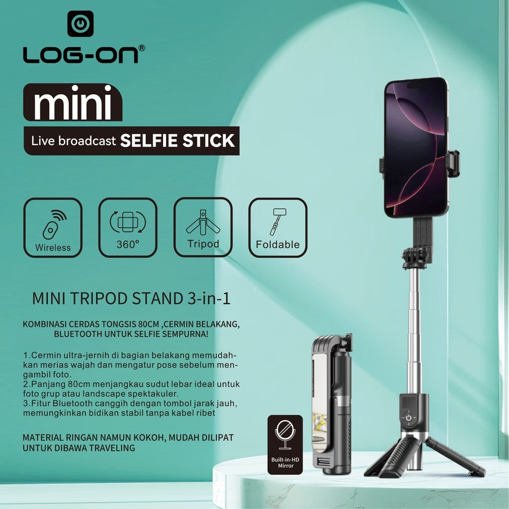 LOG-ON Mini Tripod Stand Mirror 800mm Wireless Selfie Stick LO-TS01 Tongsis mini
