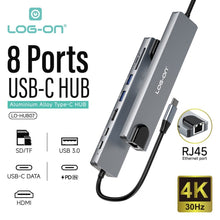LOG ON 8in1 USB-C HUB Converter to HDMI4K USB Micro SD Card LO-HUB07 Dongle Ethernet RJ45