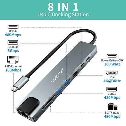 LOG ON 8in1 USB-C HUB Converter to HDMI4K USB Micro SD Card LO-HUB07 Dongle Ethernet RJ45