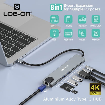 LOG ON 8in1 USB-C HUB Converter to HDMI4K USB Micro SD Card LO-HUB07 Dongle Ethernet RJ45