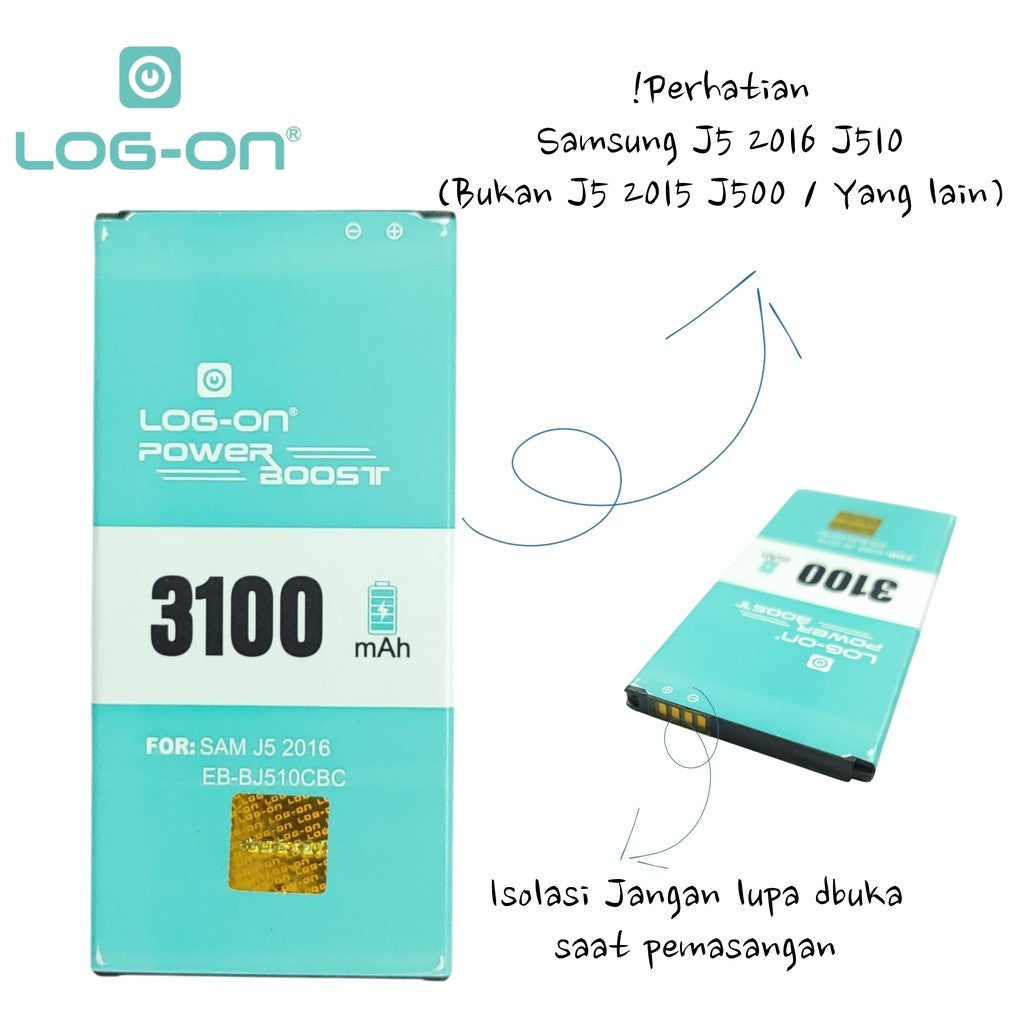 Baterai Log on EB-BJ510CBC Untuk Samsung J5 2016 J510 Power Boost - Kapasitas 3100mAh Garansi 1 Tahun - Battery Batre