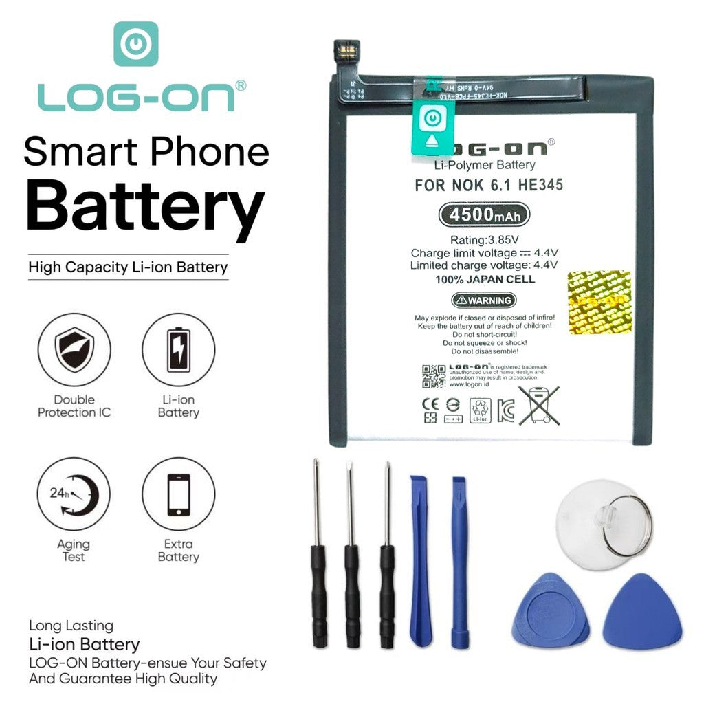 Baterai Log On - Nokia HE345 Untuk Nokia 6.1 ( Tanpa Plus ) Power Boost - Kapasitas 4500mAh Battery Batre - 1 Tahun Garansi