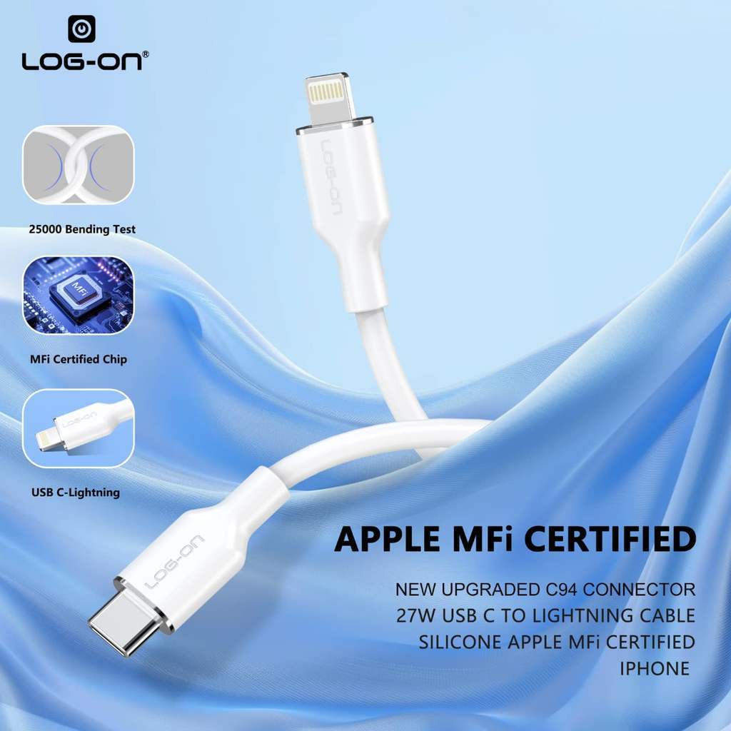 Kabel Log-On 27W USB-C to Lightning MFI LGO-10 Silikon Fast Charging 27W Apple MFi Certified 1.2M untuk iPhone iPad iPod