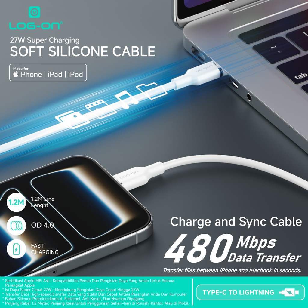 Kabel Log-On 27W USB-C to Lightning MFI LGO-10 Silikon Fast Charging 27W Apple MFi Certified 1.2M untuk iPhone iPad iPod