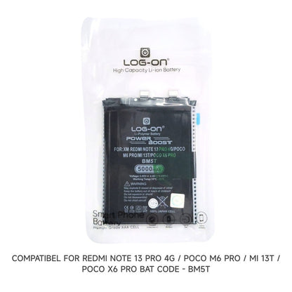 Baterai Log on BM5T Untuk Xiaomi Redmi Note 13 Pro 4G / POCO M6 PRO 4G / MI 13T / POCO X6 PRO 5G Fast Charging 67W Kapasitas 5000mAh Original 1 Tahun Garansi Battery Batre