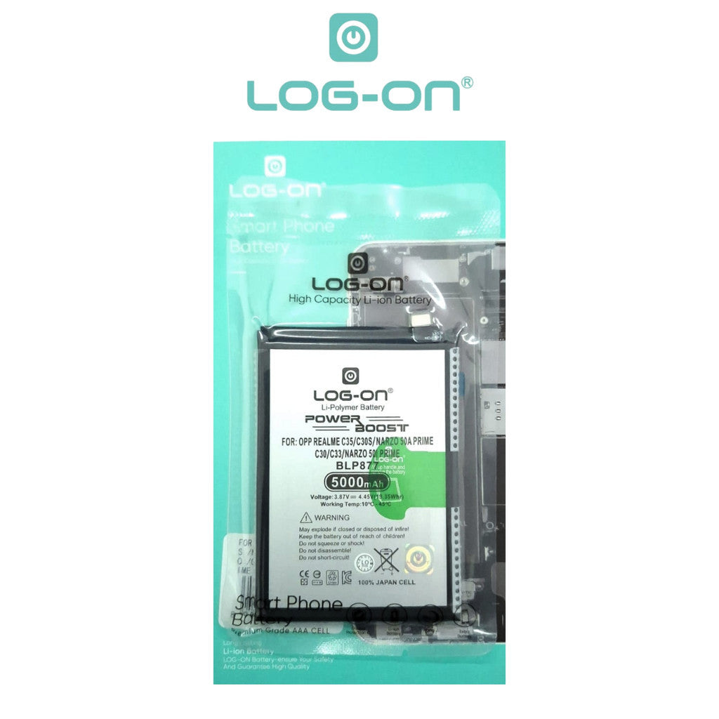 Log On - BLP877 Realme C35 / C31 / C30 / C30S / C33 / Realme  8I / Narzo 50A Prime / Narzo 50i Prime / BLP-877 Power Boost Original Battery BateraI Batre