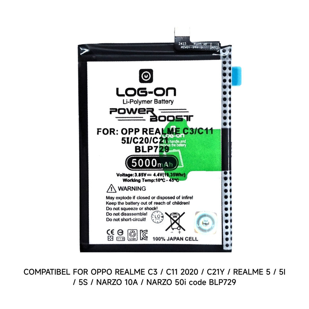 Log On - BLP729 Oppo Realme C3/ Realme 5/ realme 5i/Realme 5S/C21Y/Narzo 10A/ C11/ Narzo 50i Power Boost Double IC Battery Baterai