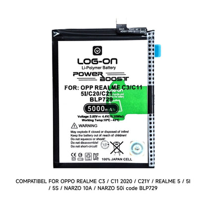 Log On - BLP729 Oppo Realme C3/ Realme 5/ realme 5i/Realme 5S/C21Y/Narzo 10A/ C11/ Narzo 50i Power Boost Double IC Battery Baterai