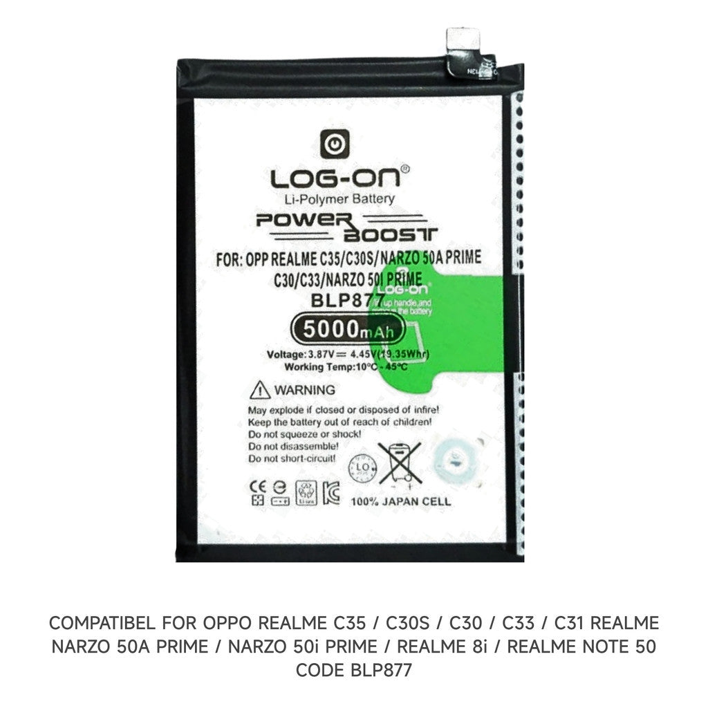 Log On - BLP877 Realme C35 / C31 / C30 / C30S / C33 / Realme  8I / Narzo 50A Prime / Narzo 50i Prime / BLP-877 Power Boost Original Battery BateraI Batre