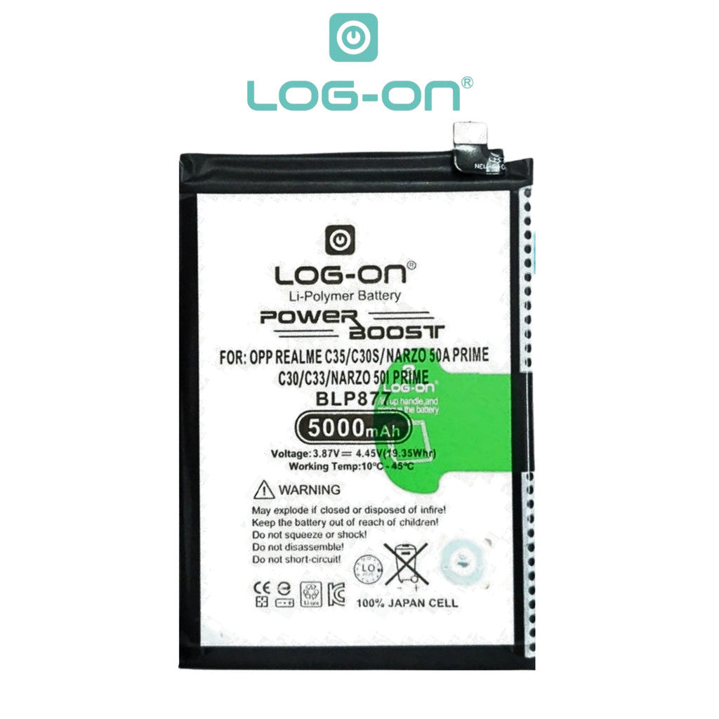 Log On - BLP877 Realme C35 / C31 / C30 / C30S / C33 / Realme  8I / Narzo 50A Prime / Narzo 50i Prime / BLP-877 Power Boost Original Battery BateraI Batre