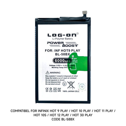 Baterai Log on BL-58BX Untuk Infinix Hot 9 Play / Hot 10 Play / Hot 10s / Hot 11 Play  / Hot 12 Play / Hot 30 Play BL58BX Power Boost 6000mAh