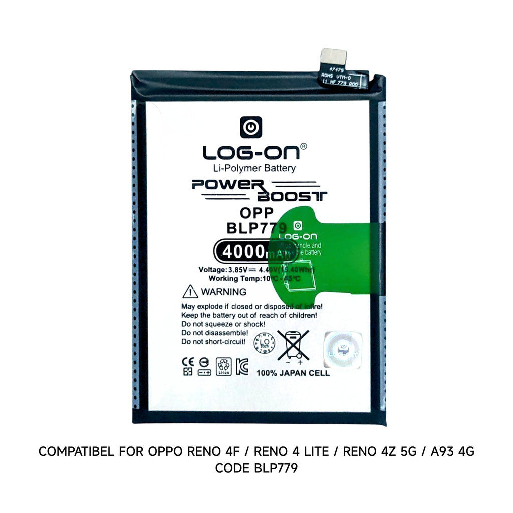 Baterai Log on BLP779 Untuk Oppo Reno 4F / Reno 4 Lite / Reno 4Z 5G / A92S / A93 4G BLP-779 Kapasitas 4000mAh Original 1 Tahun Garansi Battery Batre