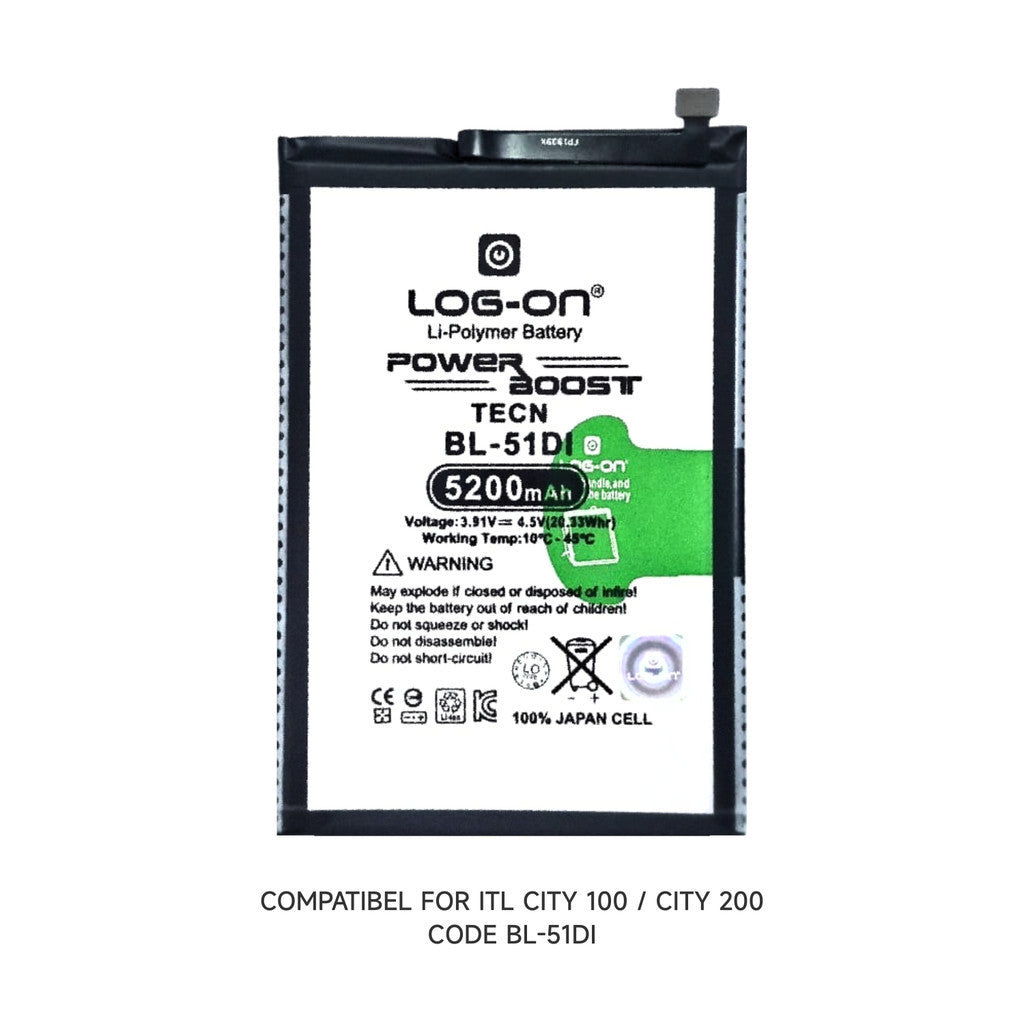 Baterai Log on BL-51Di Untuk ITEL CITY 100 / ITEL CITY 200 Kapasitas 5200MAH 1 Tahun Garansi Battery Batre