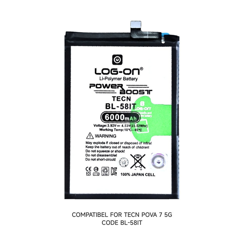 Baterai Log on BL-58iT Untuk TECNO POVA 7 5G Fast Charging 44W Kapasitas 6000MAH 1 Tahun Garansi Battery Batre