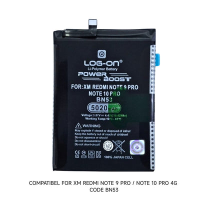 Baterai Log On BN53 Untuk Xiaomi Redmi Note 9 Pro / Note 10 Pro 4G BN-53 Power Boost - Kapasitas 5020mAh Original Battery Batre - 1 Tahun Garansi