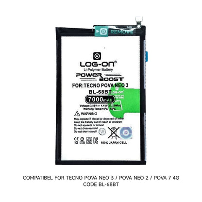 Baterai Log on BL-68BT Untuk TECNO POVA NEO 3 / NEO 2 / POVA 7 4G Kapasitas 7000mAh 1 Tahun Garansi Battery Batre