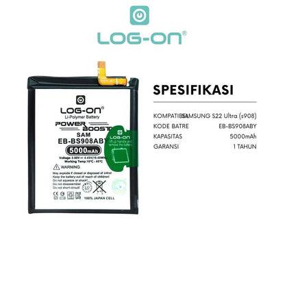 Baterai Log-on EB-BS908ABY Untuk Samsung S22 Ultra  (S908) 5000mAh Original Quality 1 Tahun Garansi Resmi